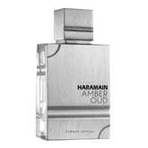 Al Haramain Amber Oud Carbon Edition EDP bottle close-up, premium long-lasting woody aroma.