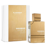 Al Haramain Amber Oud White Edition EDP bottle front showcases unisex aroma for everyday wear.