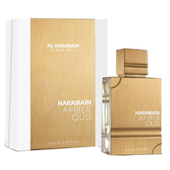 Al Haramain Amber Oud White Edition EDP bottle front showcases unisex aroma for everyday wear.