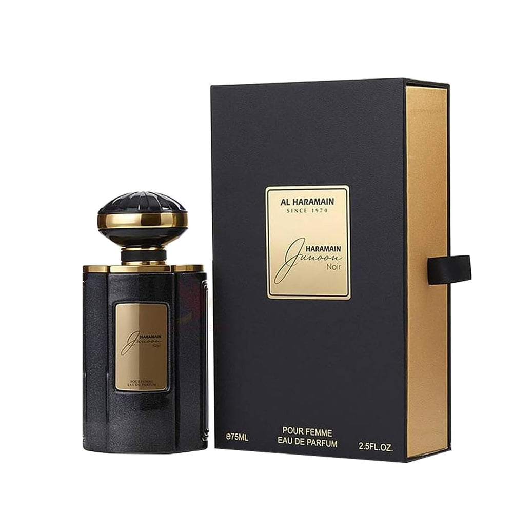 Al Haramain Junoon Noir bottle closeup shows a luxe glass finish for everyday elegance.