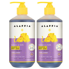 Alaffia lemon lavender kids shampoo bottle shows gentle cleansing for delicate hair.