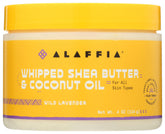 Alaffia Coconut Oil Whipped Shea Butter Wild Lavender jar provides rich skin hydration.