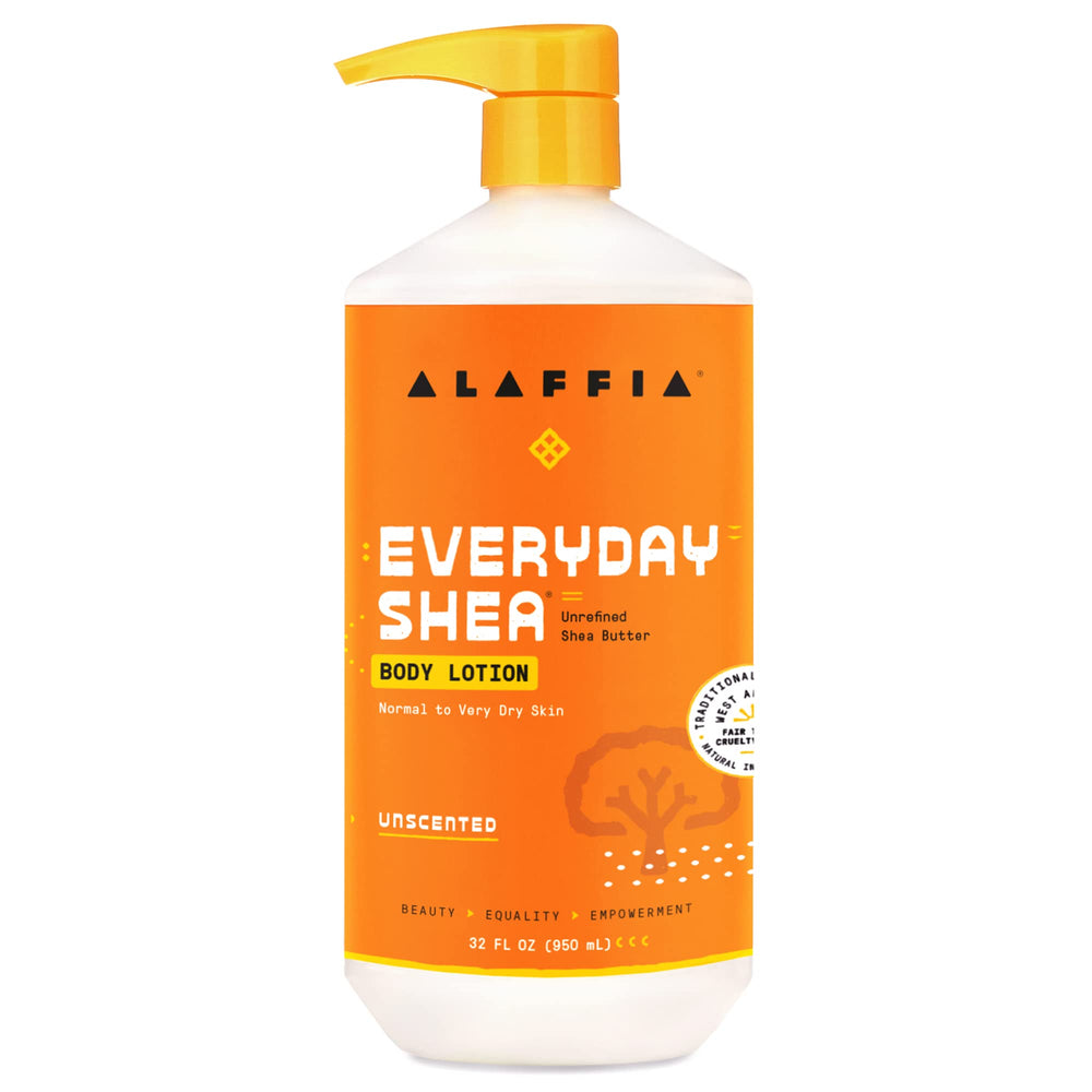 Alaffia EveryDay Shea Body Lotion 32oz bottle showing fragrance-free formula for sensitive skin.