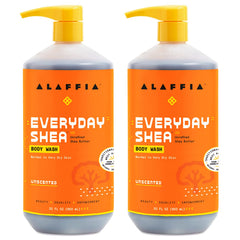 Alaffia Everyday Shea Body Wash bottle front shows unscented, gentle cleansing for dry skin.