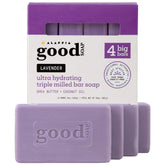 Alaffia Good Soap Lavender packaging image highlights sustainable packaging for everyday cleansing.