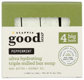 Alaffia Peppermint Good Soap pack front shows four bars in a value bundle for home use.
