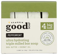 Alaffia Peppermint Good Soap pack front shows four bars in a value bundle for home use.