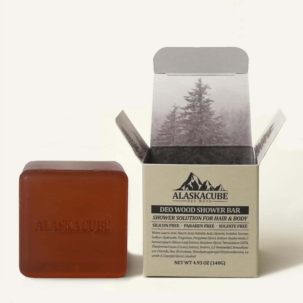 Alaskacube Deo Wood shower bar packaging highlights premium sandalwood scent and gift-ready presentation.