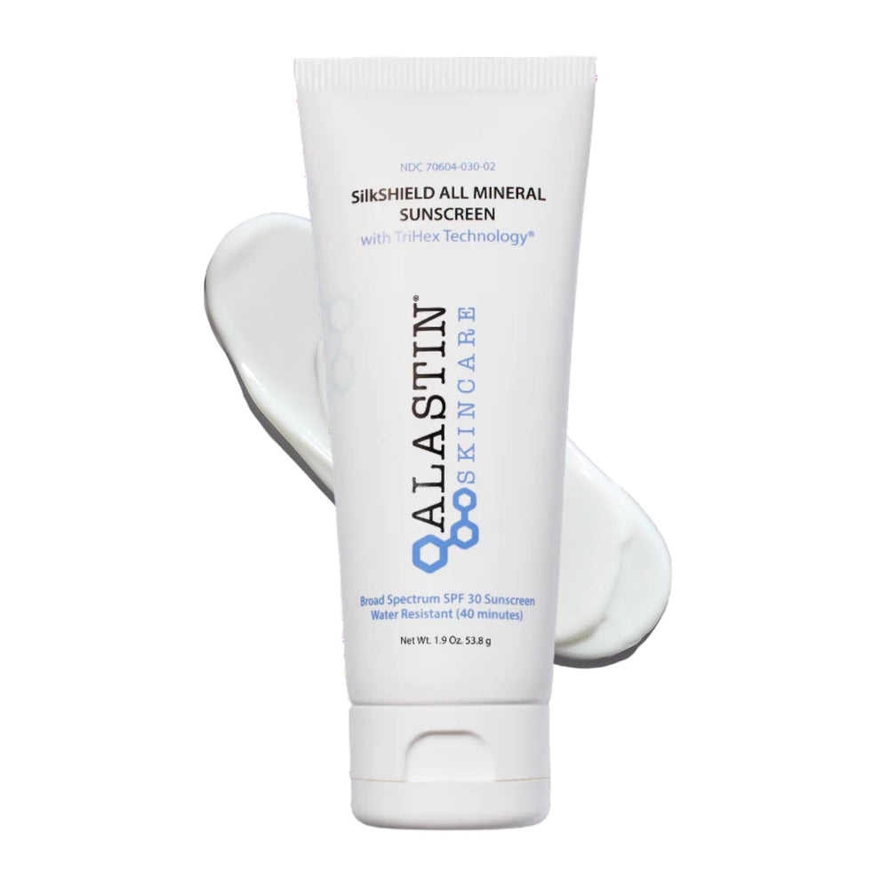ALASTIN SilkSHIELD SPF30 face tube application, lightweight non-greasy sunscreen for daily use.