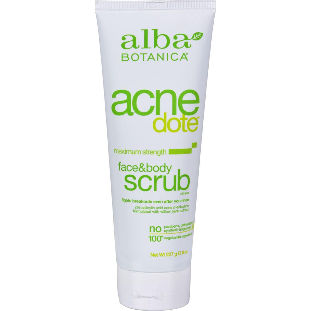 Alba Botanica Acnedote Face & Body Scrub jar shows gentle exfoliation for clear skin