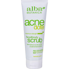 Alba Botanica Acnedote Face & Body Scrub jar shows gentle exfoliation for clear skin