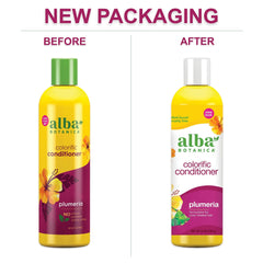Alba Botanica Colorific Plumeria bottle with palm demonstrates hydrating care for color-treated hair