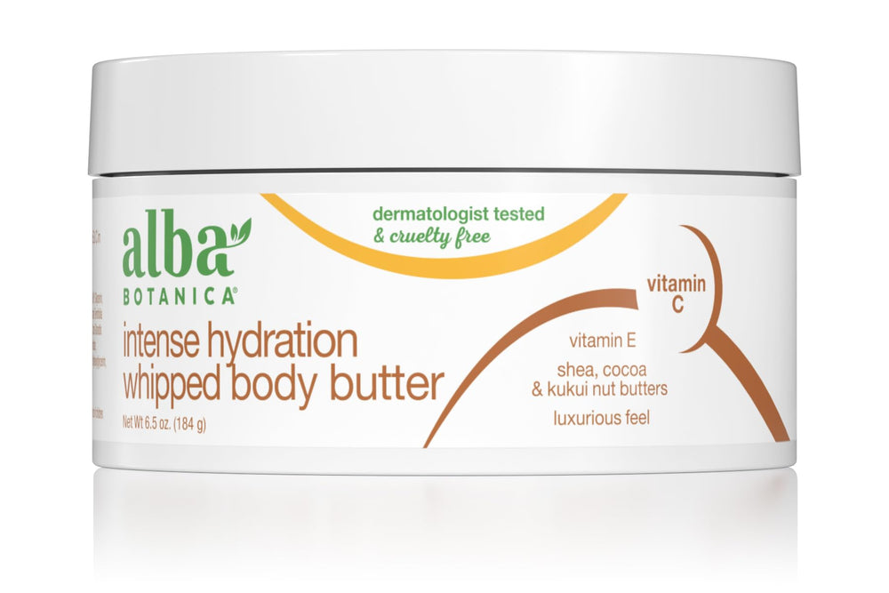 Alba Botanica Intense Hydration Whipped Body Butter jar showcases rich whipped texture for deep moisture