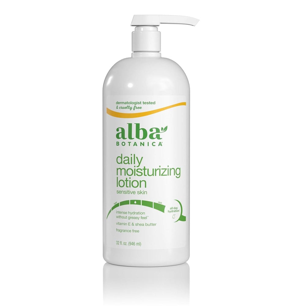 Alba Botanica Lotion Emollient Unscented bottle demonstrates quick absorption for daily moisturization.