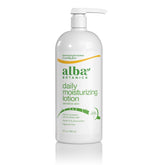 Alba Botanica Lotion Emollient Unscented bottle demonstrates quick absorption for daily moisturization.