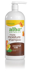 Alba Botanica More Moisture Shampoo bottle showcasing coconut milk hydration for dry hair.