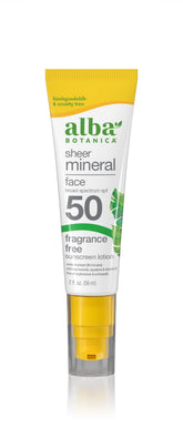 Alba Botanica sunscreen face bottle front with fragrance-free SPF 50 for daily protection.