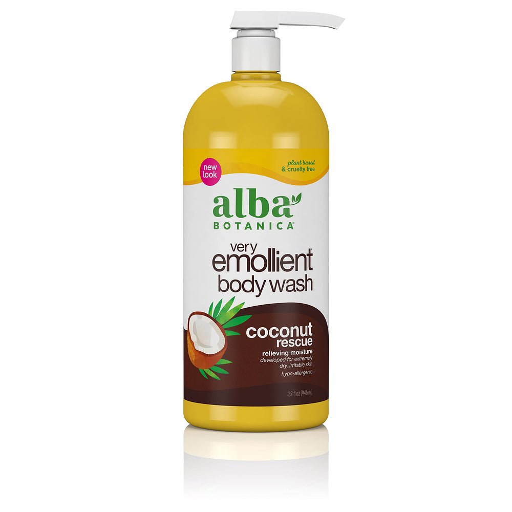 Alba Botanica Very Emollient Coconut Rescue bottle highlighting hydrating shower gel for dry skin.