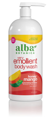 Alba Botanica Very Emollient Honey Mango Body Wash bottle demonstrates hydrating cleanse for dry skin.