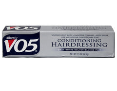 Alberto VO5 Conditioning Hairdressing for silver blonde hair shows brightened, smoother texture.