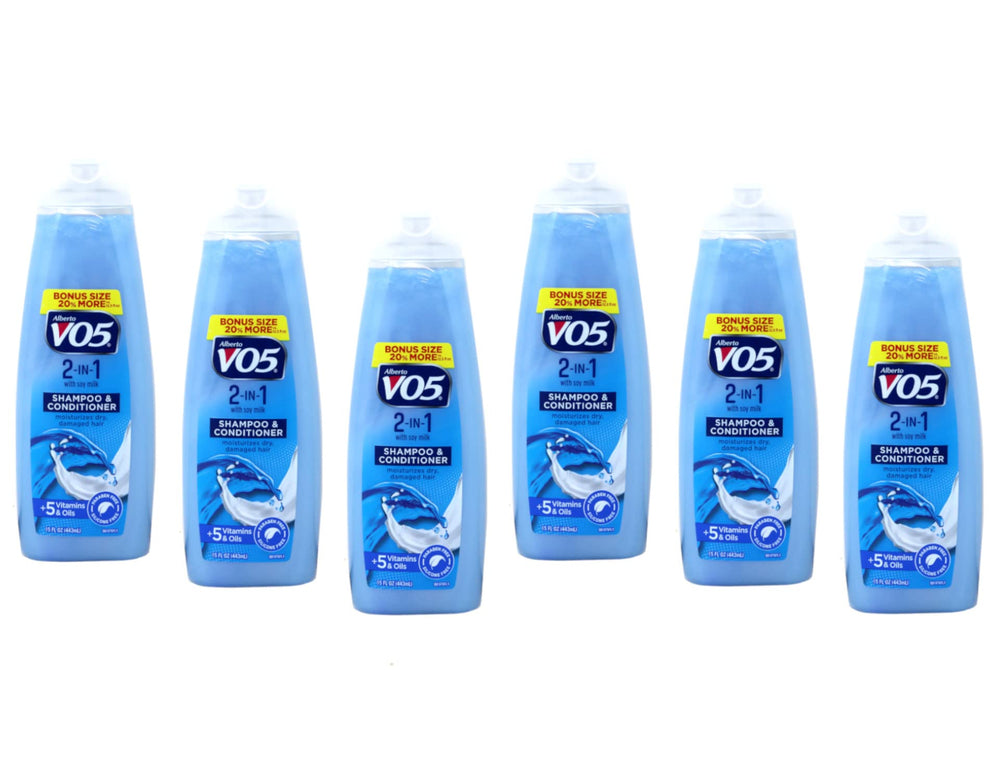 Alberto VO5 2-in-1 bottle shows moisturizing formula for smoother, shinier hair.