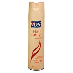 Alberto VO5 Brush Out Crystal Clear 14 Hour Hair Spray bottle delivers strong hold with a clear finish.