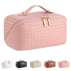 ALEXTINA large-capacity travel cosmetic bag in pink, open for easy access to essentials.