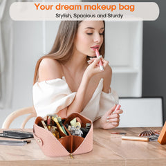 ALEXTINA travel cosmetic bag pink interior shows organized compartments for cosmetics.