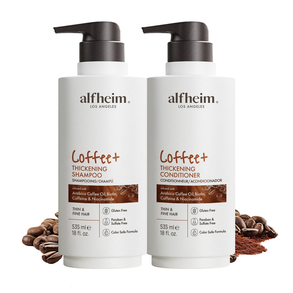 ALFHEIM Coffee+ Shampoo bottle with rich lather promotes fuller-looking hair
