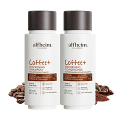 ALFHEIM Coffee+ shampoo bottle highlights caffeine-fueled volume for fine hair