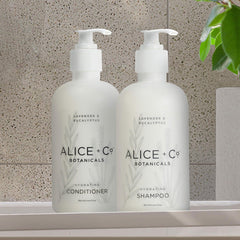Alice + Co. Lavender-eucalyptus conditioner bottle for hydrating shine and detangling.