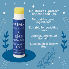 ALIDA PURE fragrance-free lip balm tube close-up—unscented moisturizing formula.
