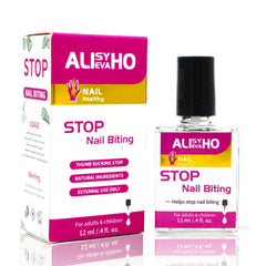 Alisyevaho nail biting treatment bottle close-up showing plant-based formula helps curb habits