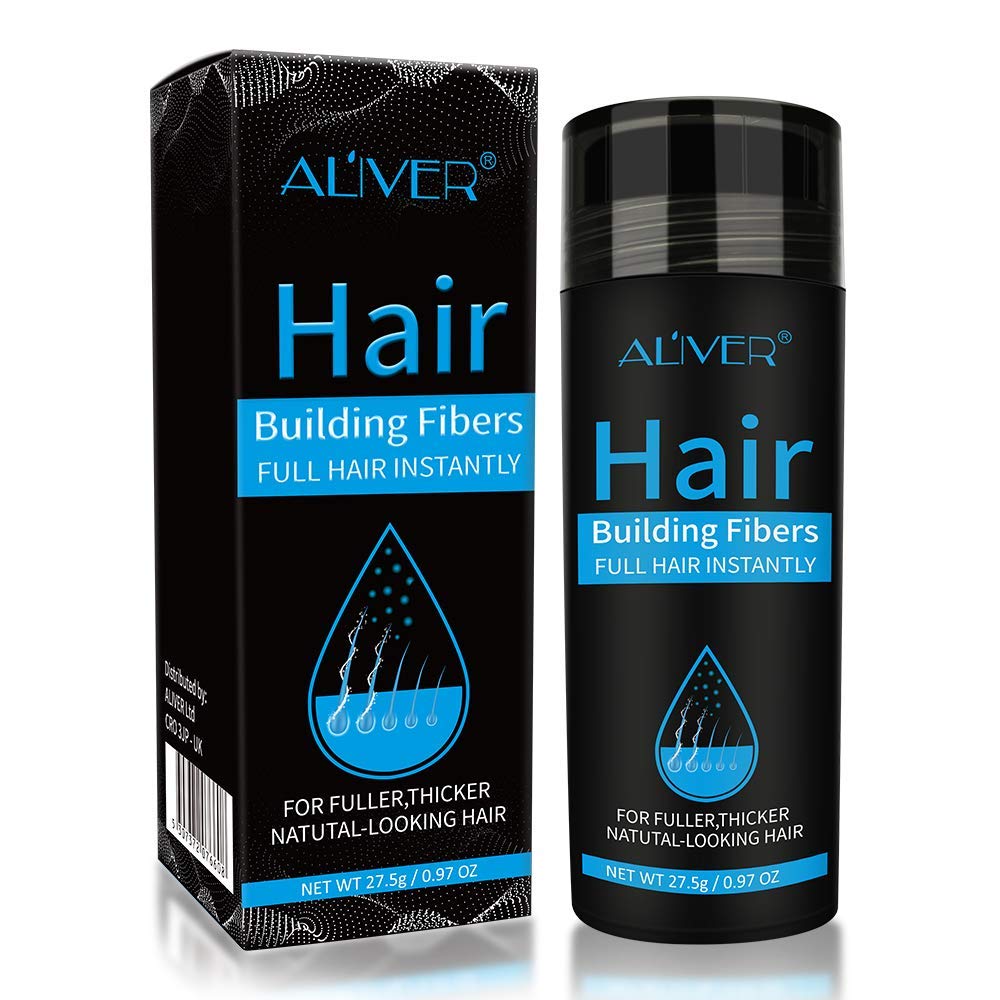 ALIVER hair fibers bottle close-up showing easy application and natural look.