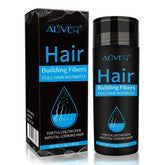 ALIVER hair fibers bottle close-up showing easy application and natural look.