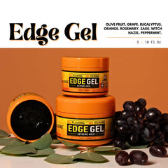 AllDay Locks Edge Gel ingredients panel shows eucalyptus, olive oil, grape seed oil benefits.