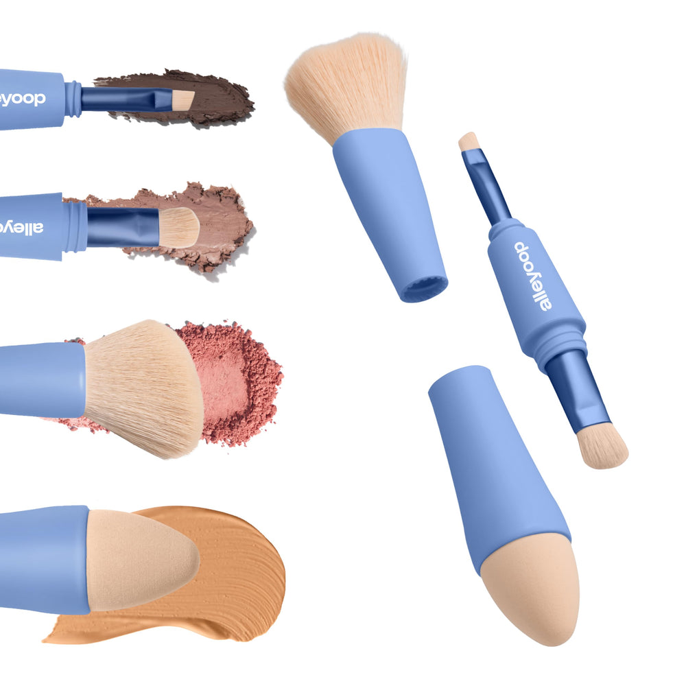 ALLEYOOP Multi-Tasker packaging shows compact, carry-on ready design for travel makeup.