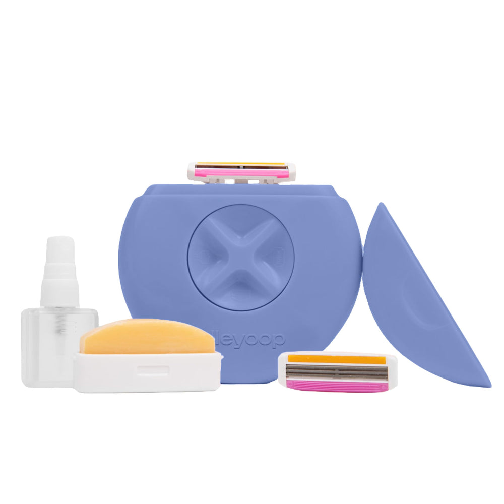 ALLEYOOP travel razor in periwinkle held for quick on-the-go touch-ups