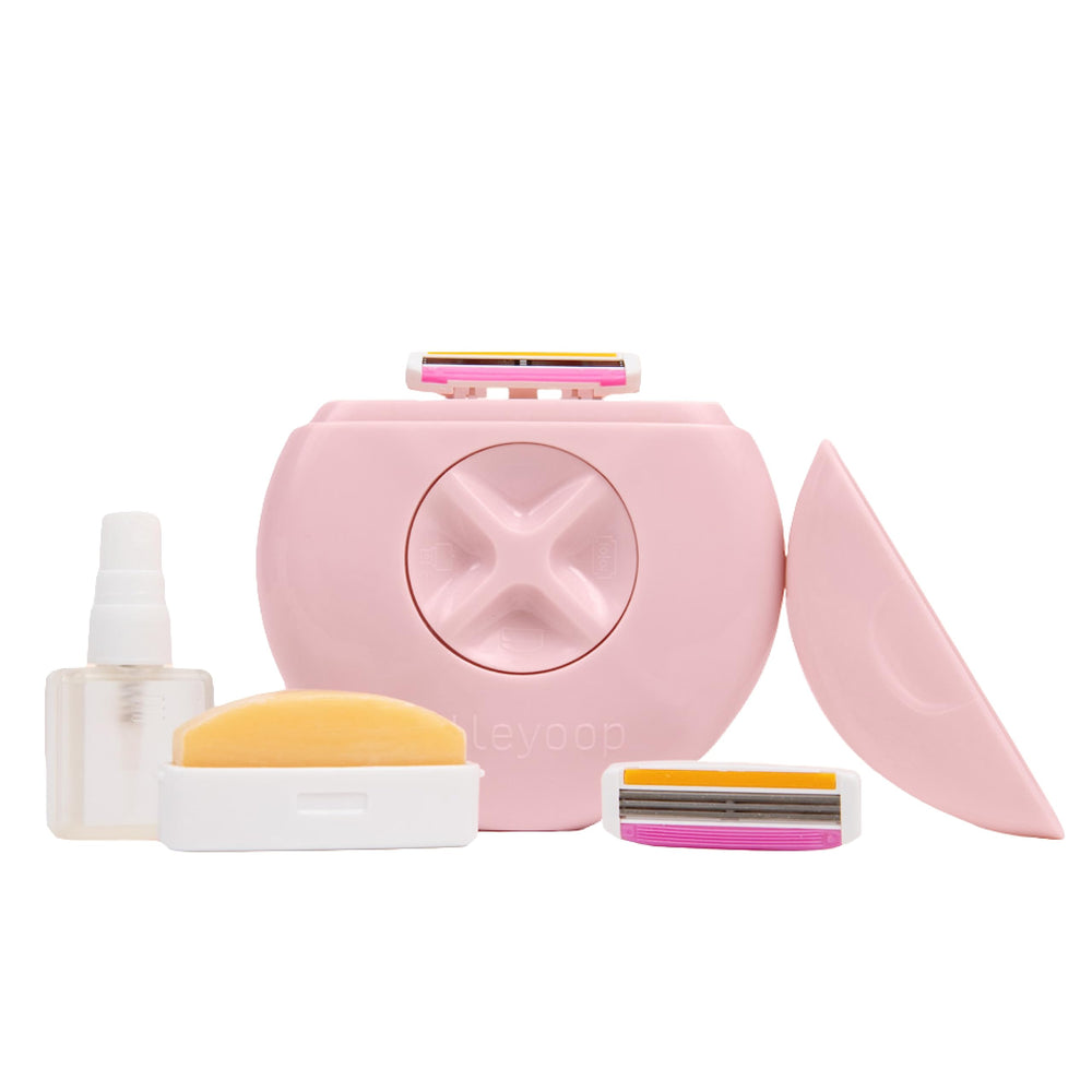 ALLEYOOP portable travel razor in dusty pink for on-the-go touch-ups anywhere.