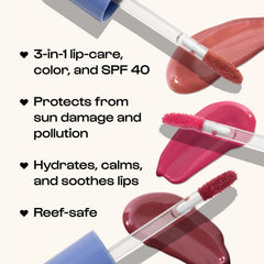 ALLEYOOP Sun Serum Lip Oil SPF 40 Hazy swatches show muted mauve color with SPF