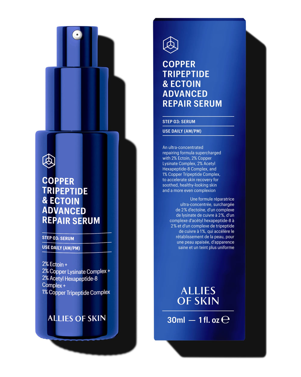 Allies of Skin copper-tripeptide-ectoin-serum bottle shows advanced repair for dry skin