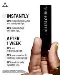 Allies of Skin palmitoyl-tripeptide-5 ceramide NP lip balm highlights elasticity support.