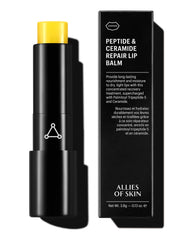 Allies of Skin peptide-ceramide repair lip balm tube closeup showing nourishing, hydrating formula.