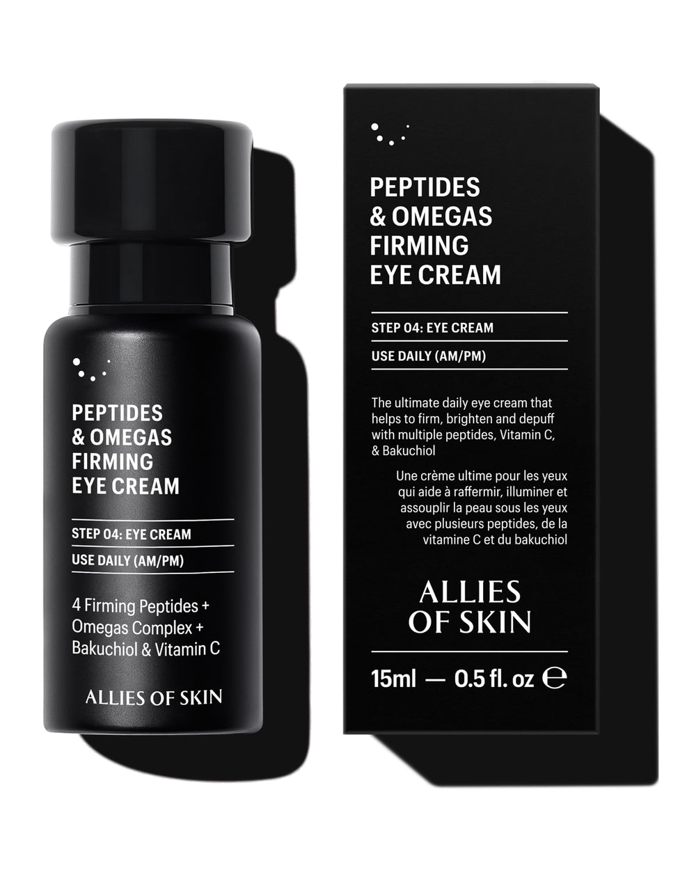 Allies of Skin Peptides Firming Eye Cream bottle highlights premium hydration for tired eyes.