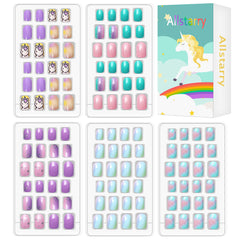 Allstarry kids press-on nails with purple unicorn design for quick, fun nail art.