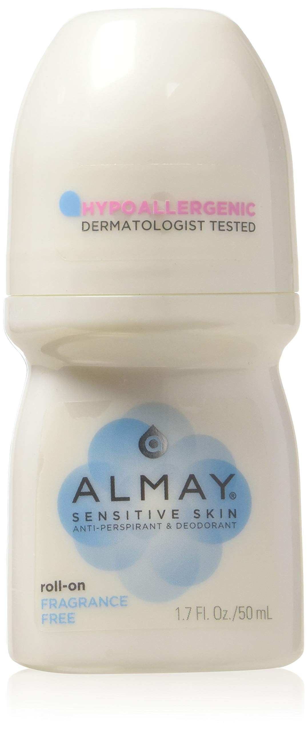 Almay fragrance-free roll-on bottle for sensitive skin with smooth glide.