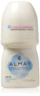 Almay fragrance-free roll-on bottle for sensitive skin with smooth glide.