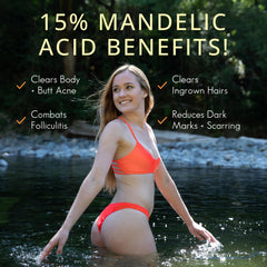 Almond Clear Body Clearing Serum being applied on back for folliculitis-prone skin.