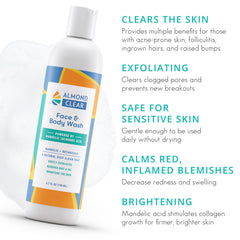 Almond Clear face & body wash gel texture close-up highlighting mandelic acid exfoliation.