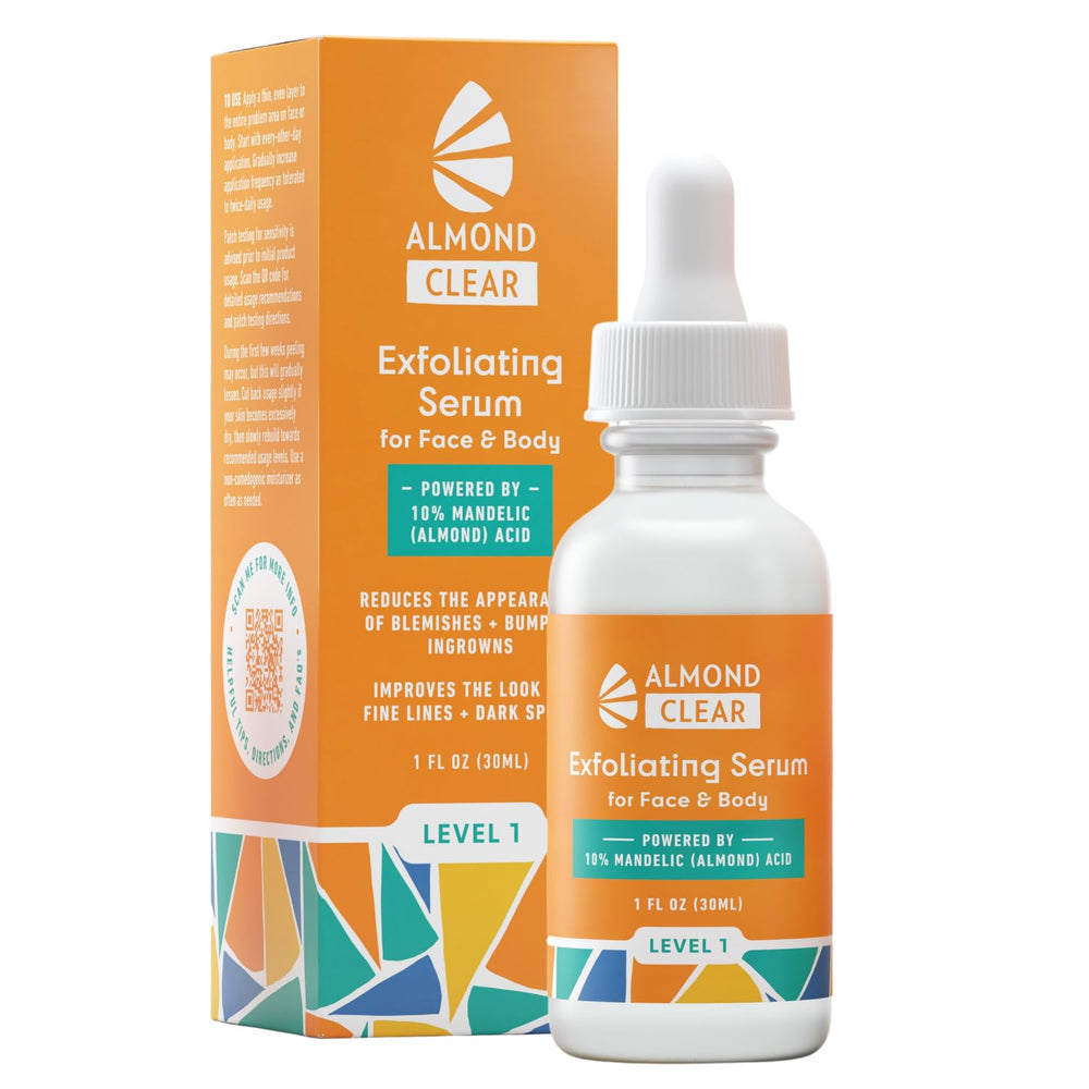 Almond Clear bottle pour demonstrates easy serum application for smoother skin.